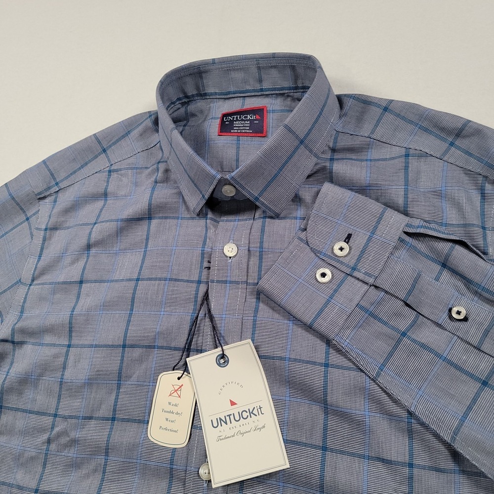 UNTUCKit Men Button Down Shirt Medium Ortman WF Blue Windowpane Check NWT